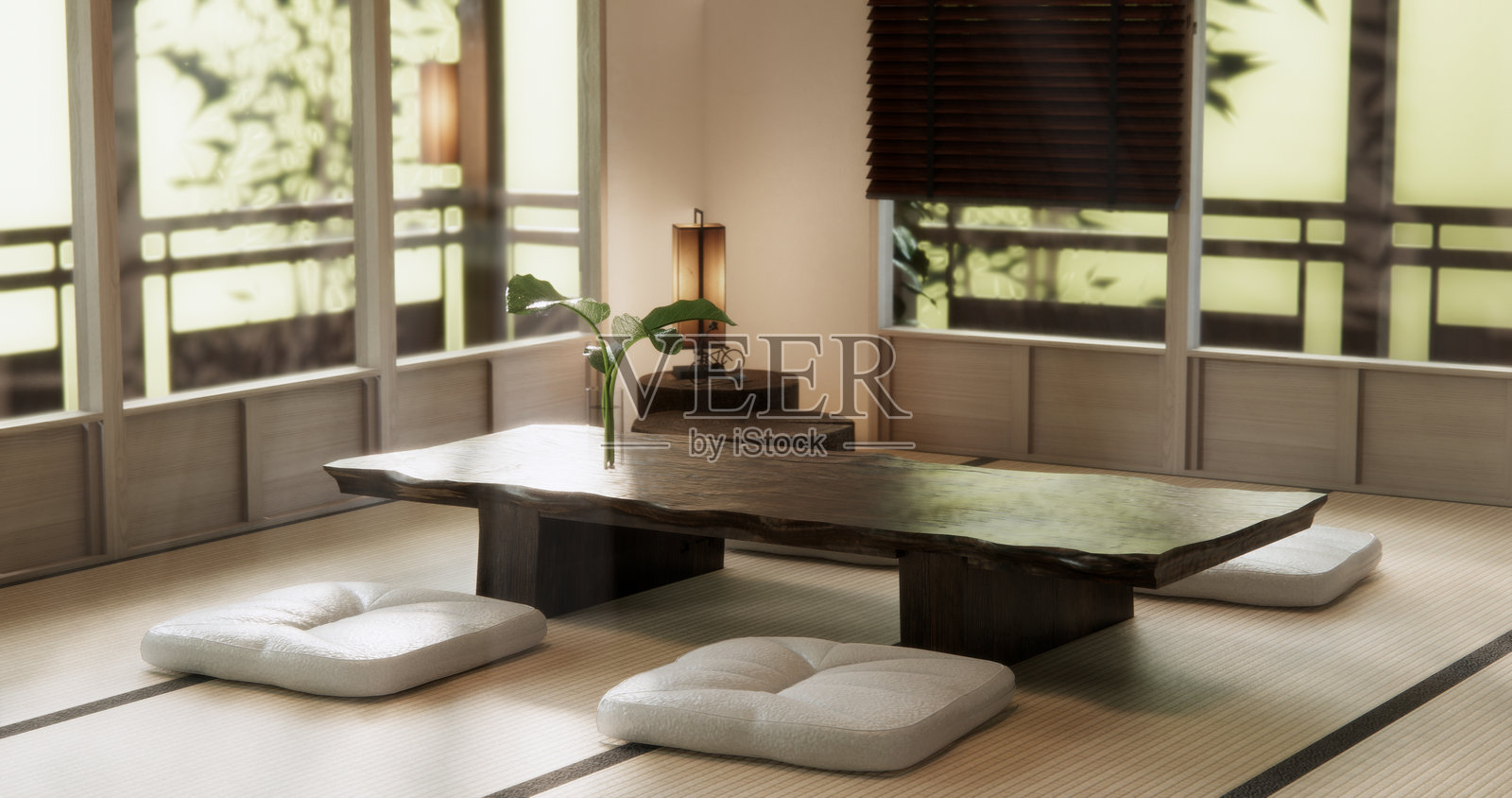 日式房间里的低桌，搭配极简的Muji装饰。3D渲染。照片摄影图片