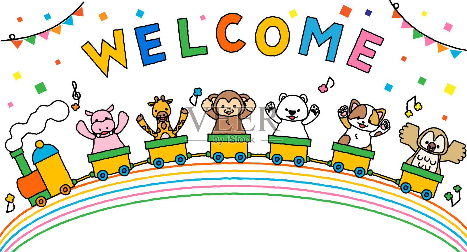 可爱动物在火车上的信息框3C插画图片素材