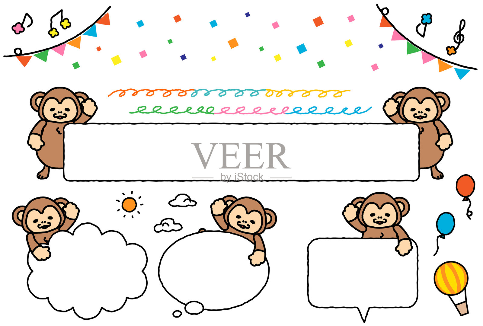 一组可爱的猴子框架插画图片素材