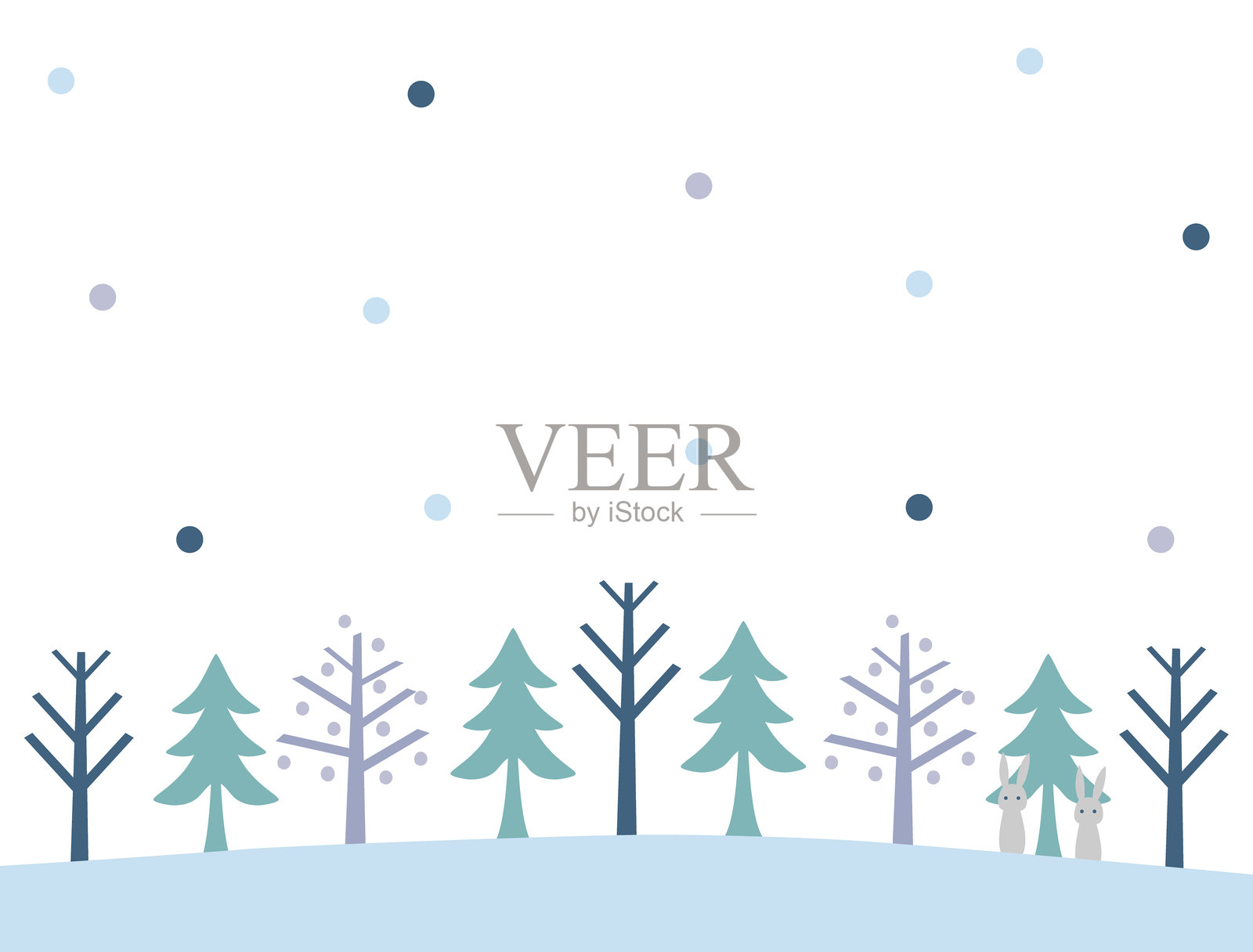 冬季森林中一只兔子与飘落的雪花插图插画图片素材