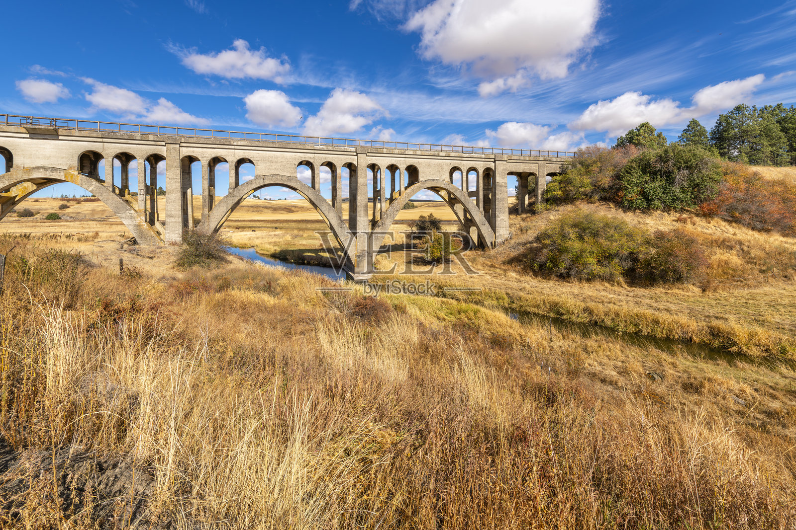 The concrete arch Rosalia Railroad Bridge built in 1915 crossing Pine Creek with the Steptoe Battlefield State Park behind, in the Palouse region of Rosalia Washington.照片摄影图片