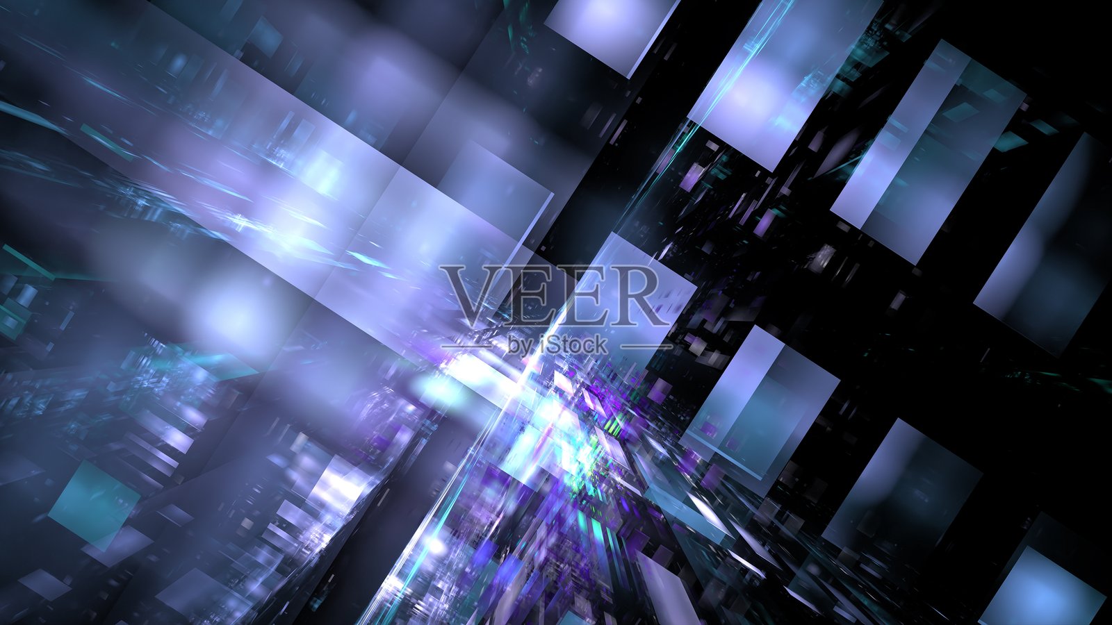 色彩和光线融合在一个充满几何形状的抽象数字世界中，创造出生动的深度和运动感。三维渲染照片摄影图片