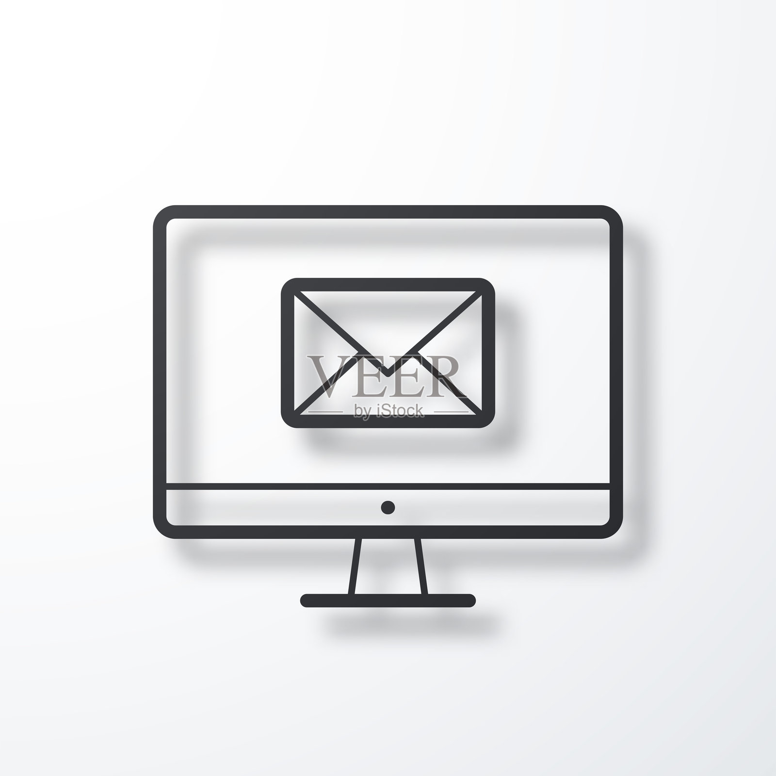 带有电子邮件信息的台式电脑。线图标与阴影在白色背景插画图片素材