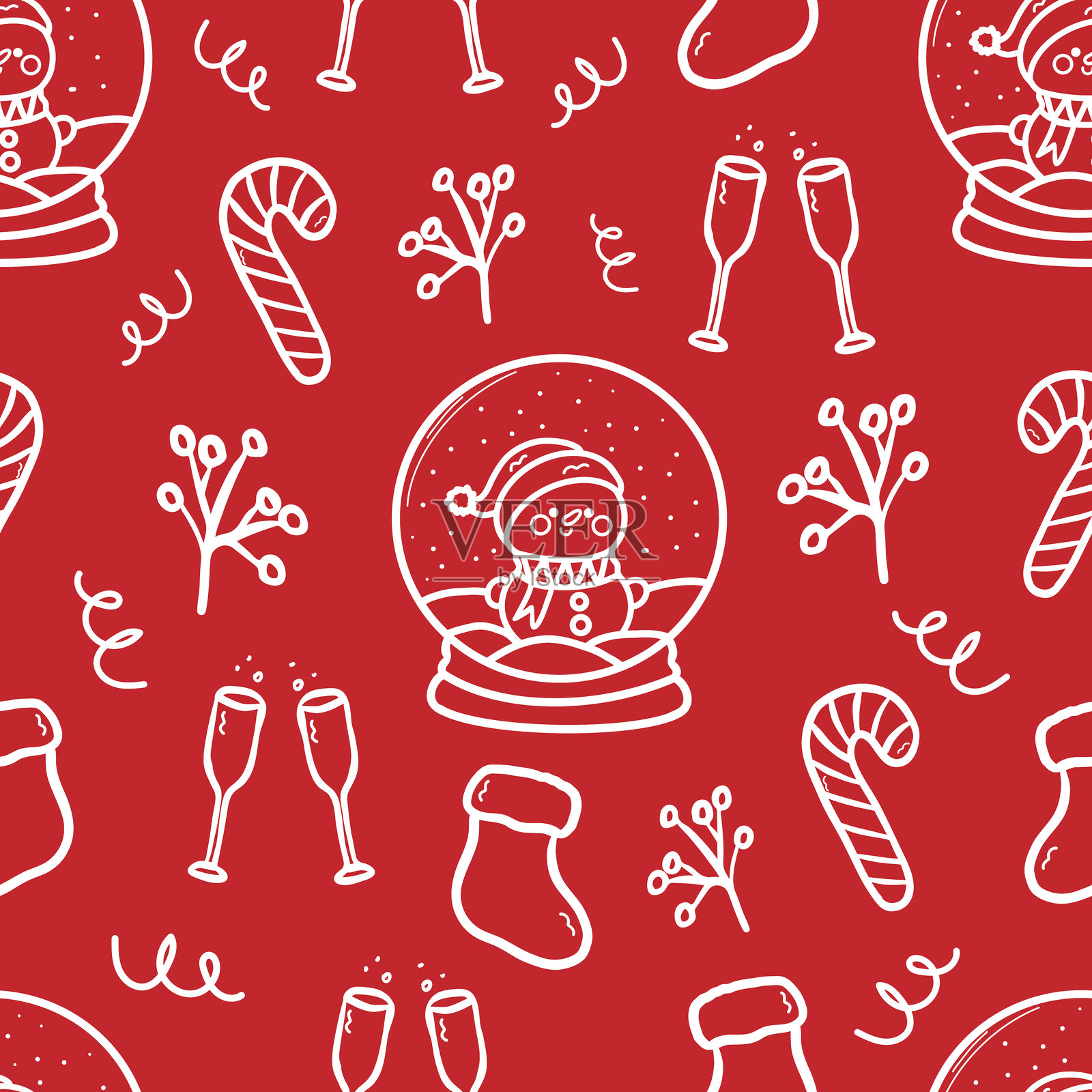无缝的新年涂鸦风格图案。明亮红色背景上的圣诞插图。插画图片素材