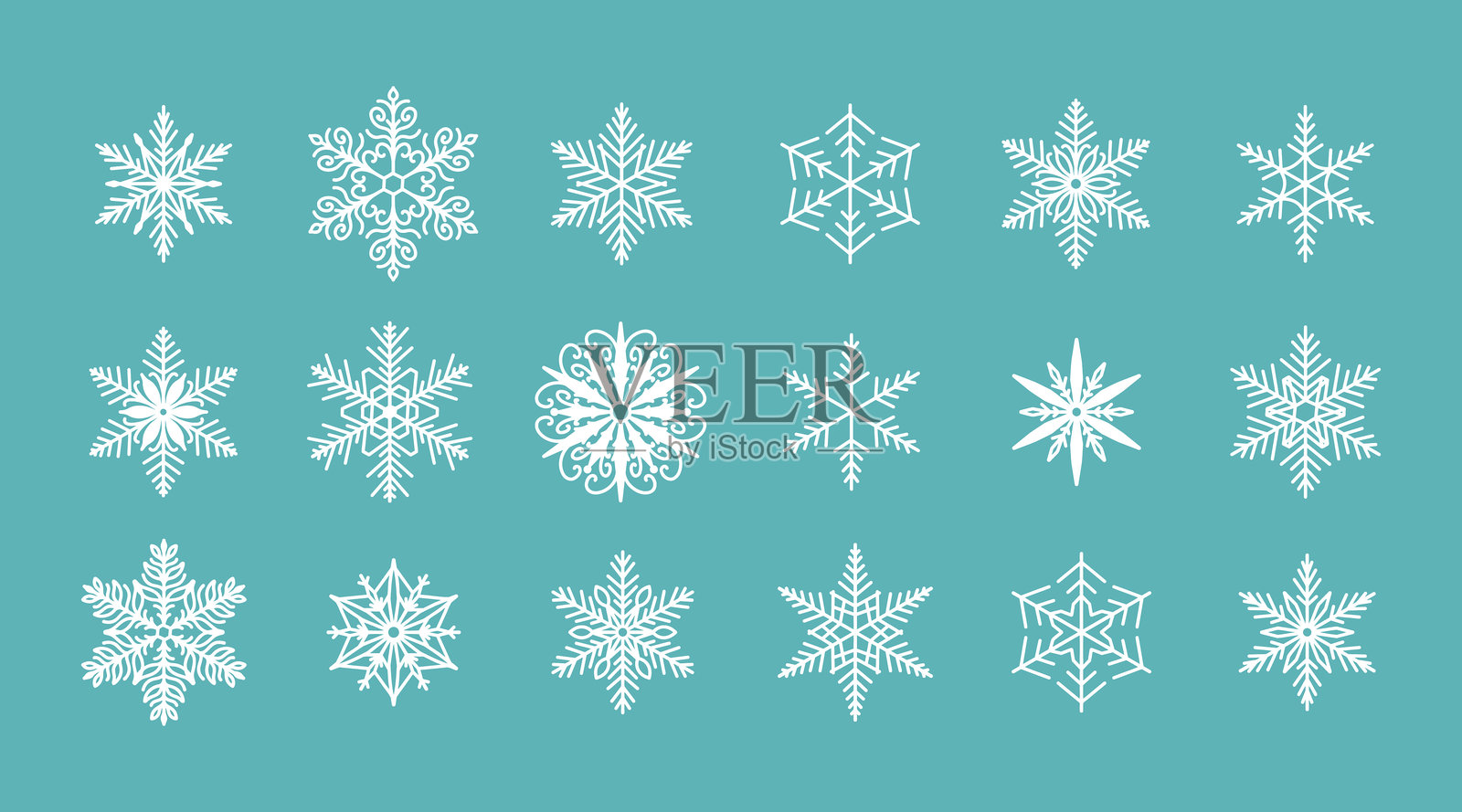 独特的雪花套装，详细的手绘平面矢量线条插图。图形轮廓绘图。圣诞节和新年象征。美丽的雪花轮廓图标，适用于寒冷冬季设计。插画图片素材
