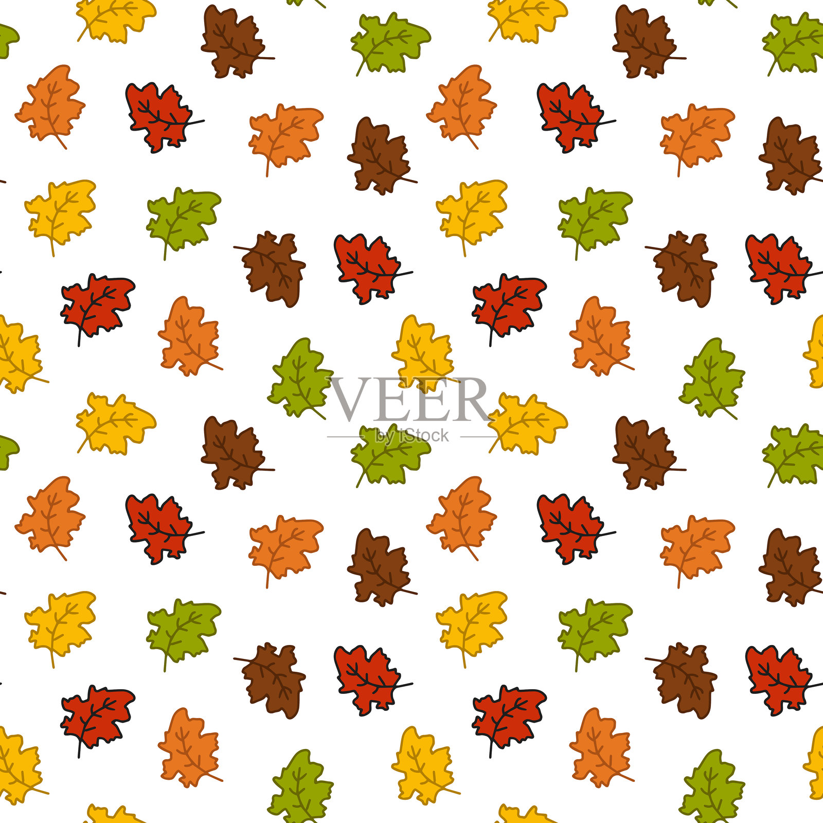 秋季色彩鲜艳的无缝图案，背景为白色，体现了秋季、自然、叶子多样性、装饰设计元素、秋季壁纸、包装纸、印刷和纺织品的概念。插画图片素材