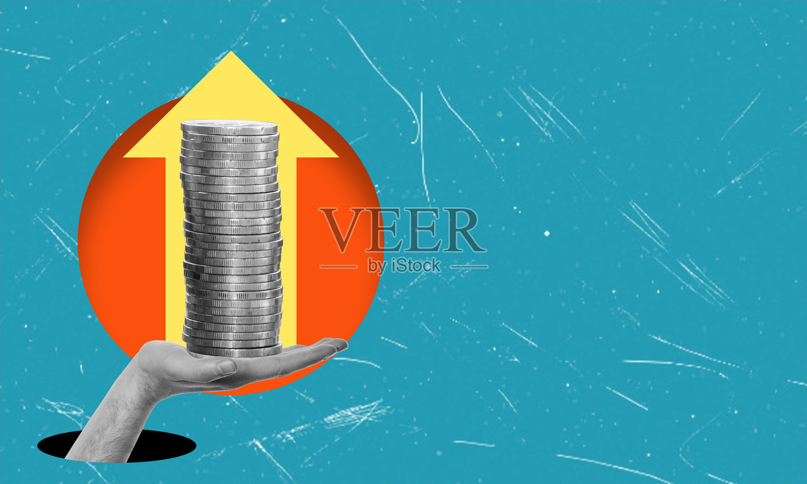 现代艺术拼贴：人手掌心托着一叠金币和向上的箭头。照片摄影图片