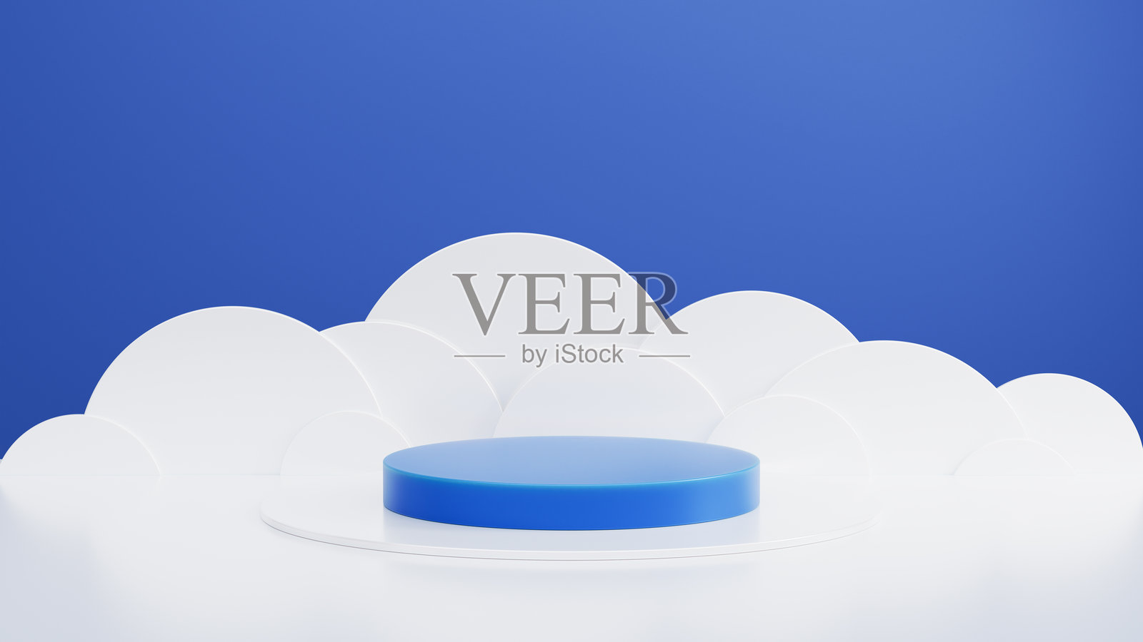 极简蓝白抽象云背景设计，中间有一个圆形讲台照片摄影图片
