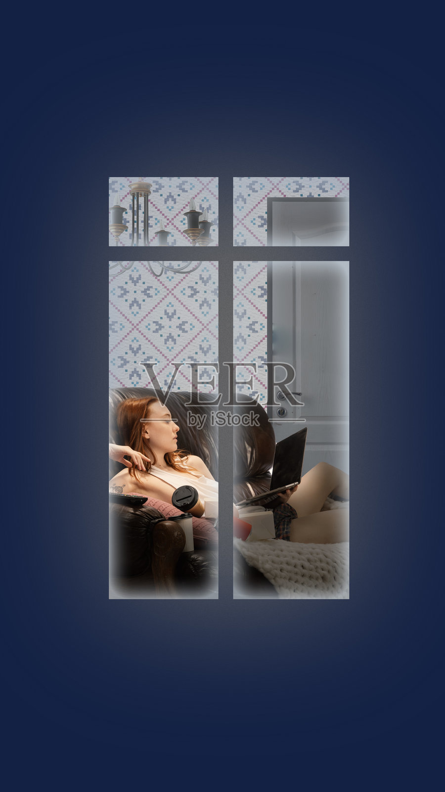 当代艺术拼贴。女人在窗户外放松，手里拿着相机和笔记本电脑。场景感觉宁静舒适，展现了现代居家办公的氛围。照片摄影图片