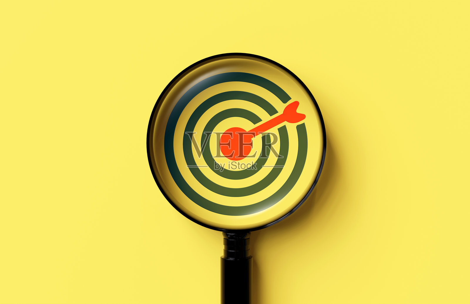 放大镜中的目标板图标，背景为黄色。照片摄影图片