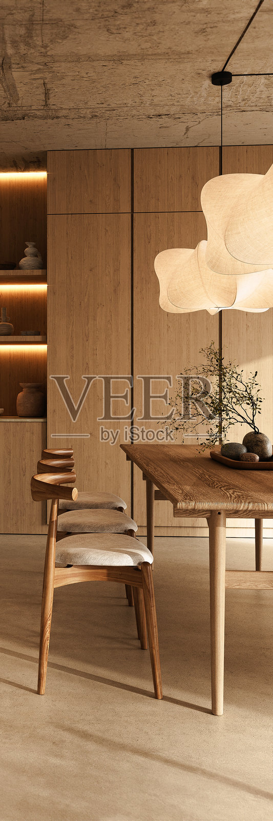 现代厨房餐厅空间，配有自然木材和设计师灯具，3D渲染图照片摄影图片