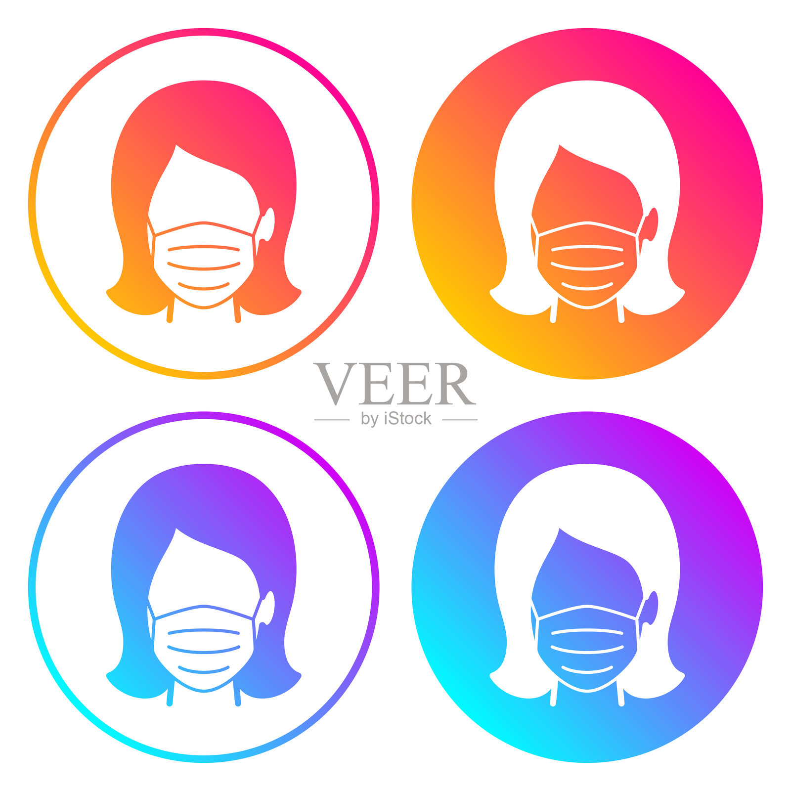佩戴医疗口罩的女性。带有渐变色的圆形图标插画图片素材