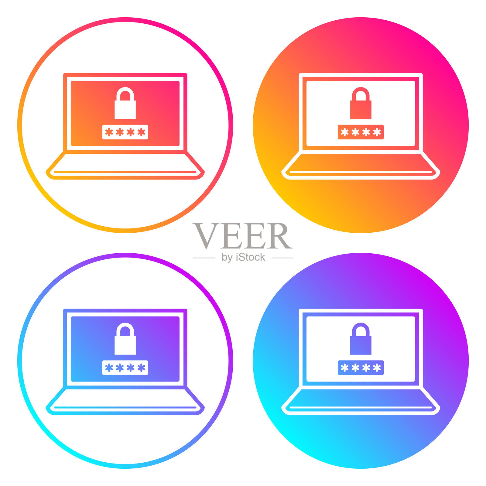 带密码的笔记本电脑。带有渐变色的圆形图标。插画图片素材