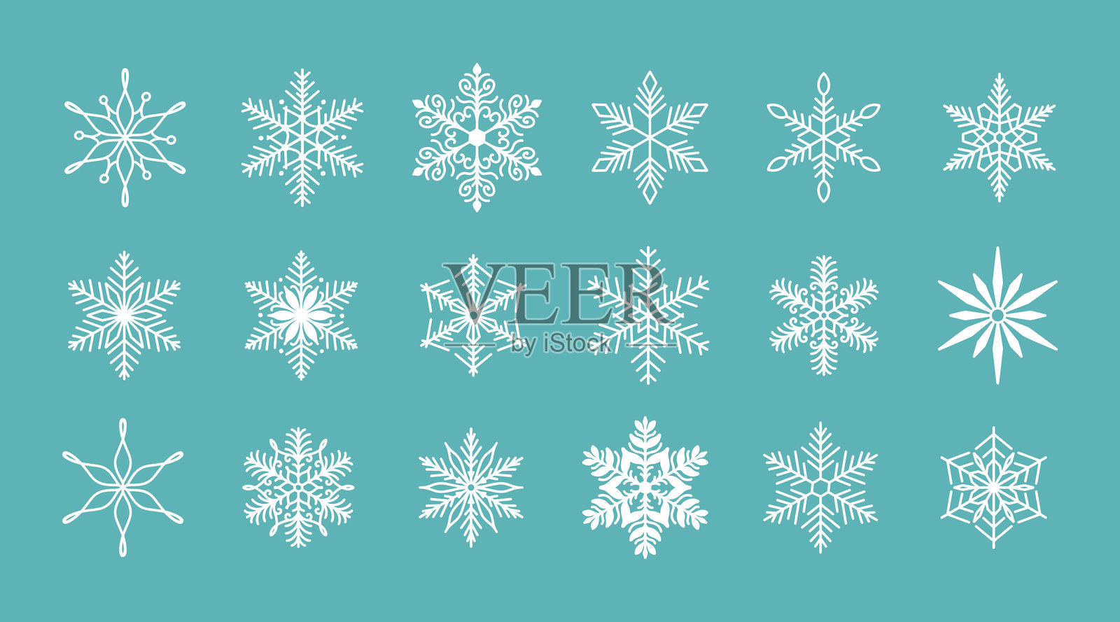 独特的雪花套装，详细的手绘平面矢量线条插图。图形轮廓绘图。圣诞节和新年象征。美丽的雪花轮廓图标，适用于寒冷冬季设计。插画图片素材