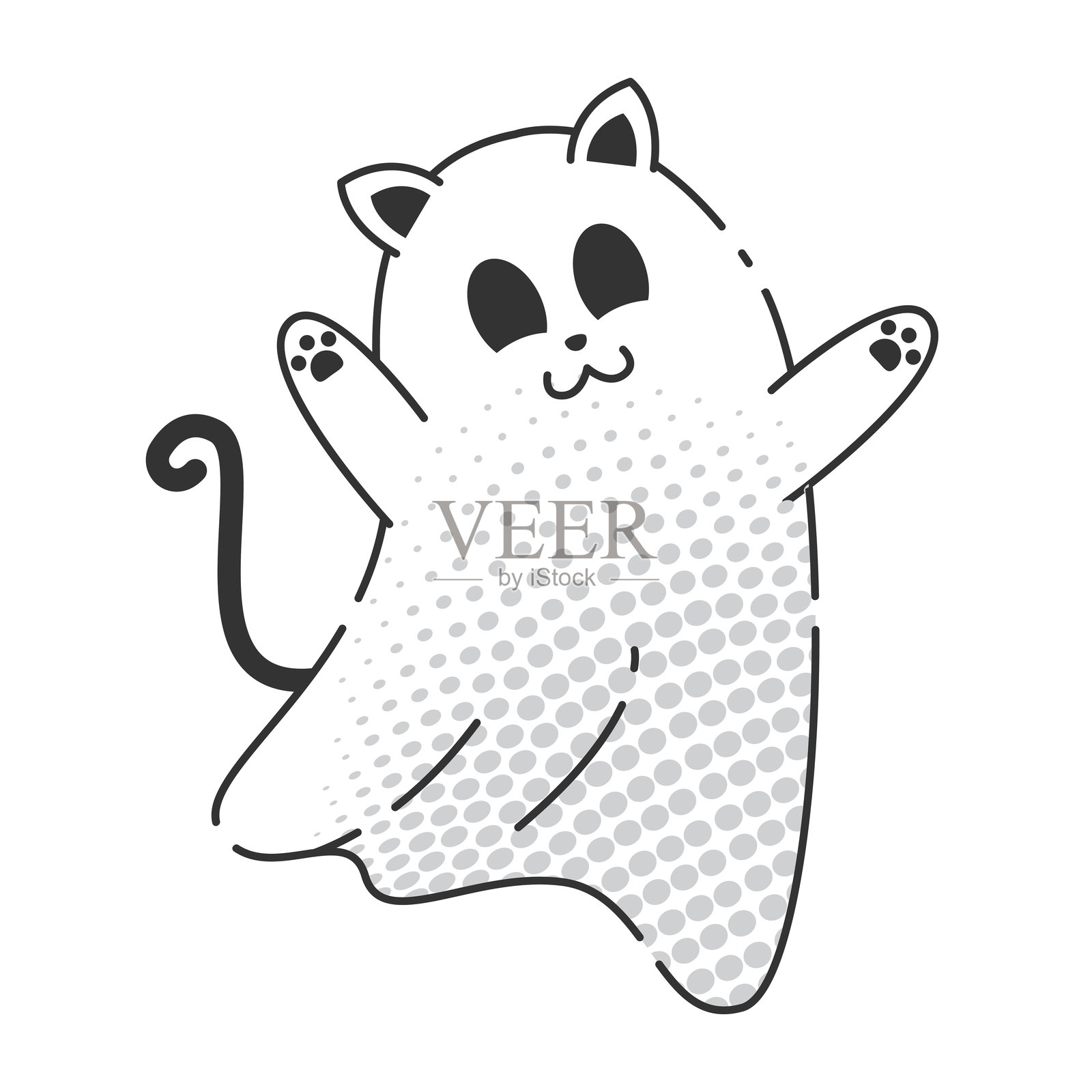 快乐的卡通鬼魂，带有猫耳和猫尾，半色调效果，矢量图插画图片素材