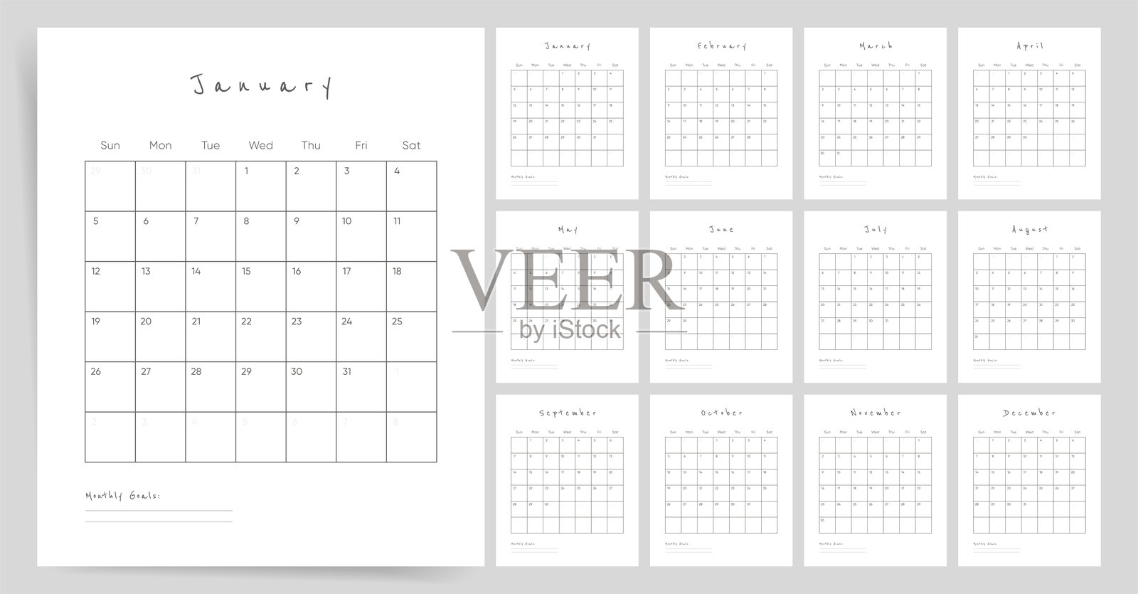 极简风格2025年日历设计。手写风格的2025年墙面和桌面日历。可打印的2025年年度规划日历布局。插画图片素材