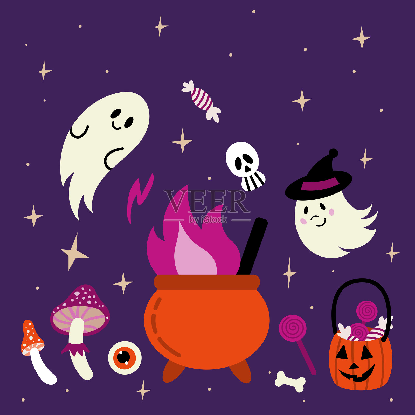 万圣节贺卡套装。带有搞笑恐怖角色的海报插画图片素材