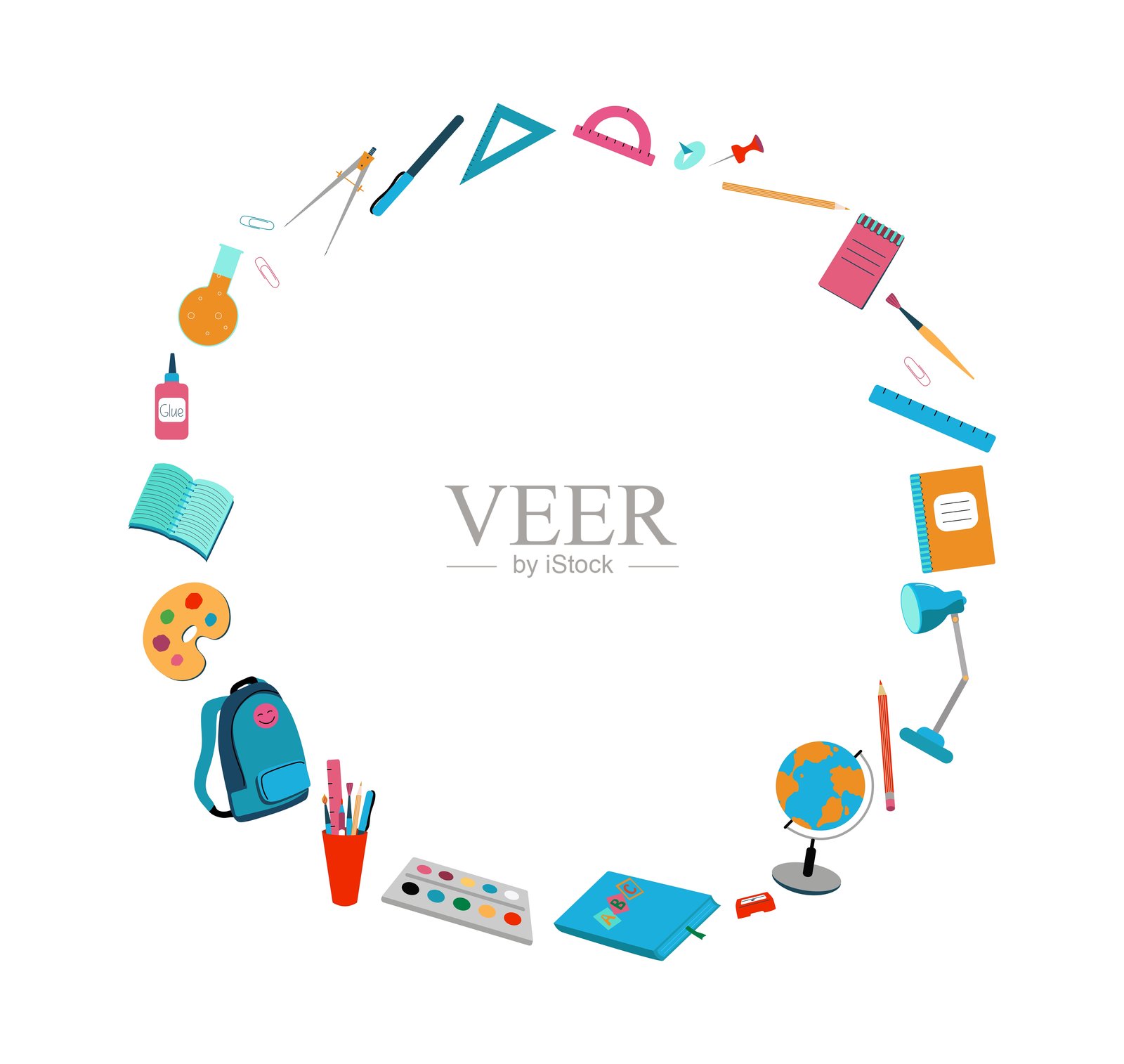 圆形框架，文具图标，学习用品，学校。学习和教育工具的集合。文本位置，信息横幅。彩色矢量插图。背景独立。插画图片素材