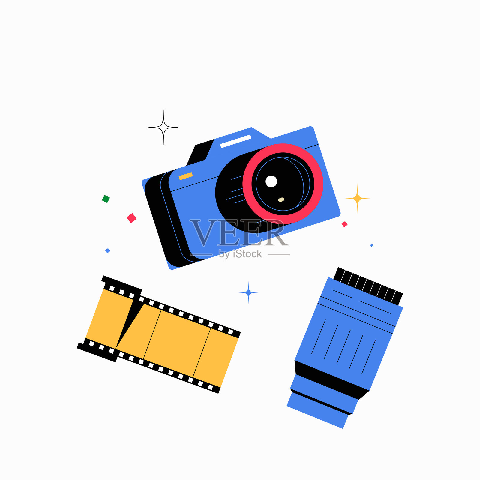 相机、镜头和胶卷的扁平矢量插图，象征着摄影、创意和媒体制作，背景为白色。插画图片素材