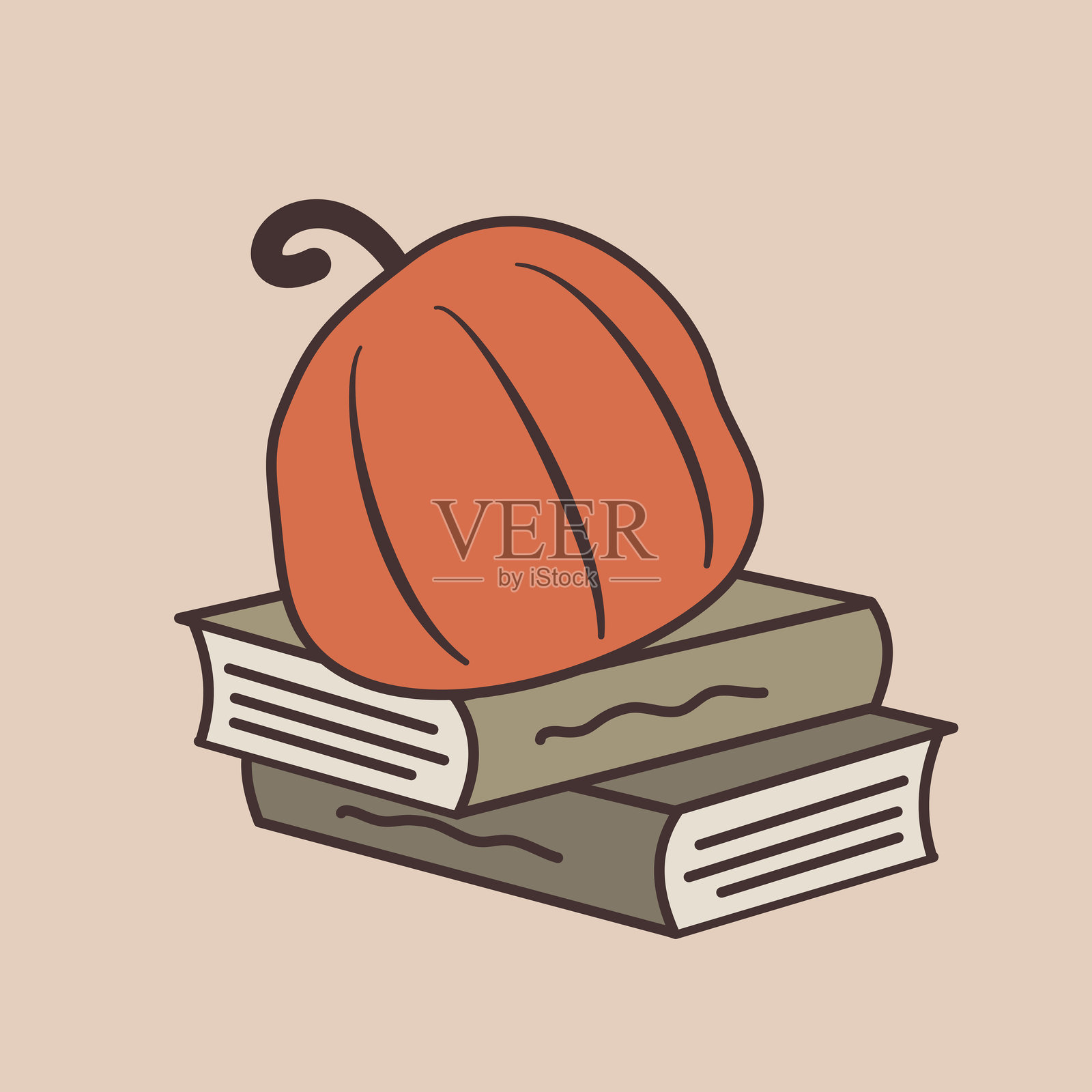 可爱的手绘卡通橙色南瓜与书堆的矢量插图，适合秋季使用插画图片素材