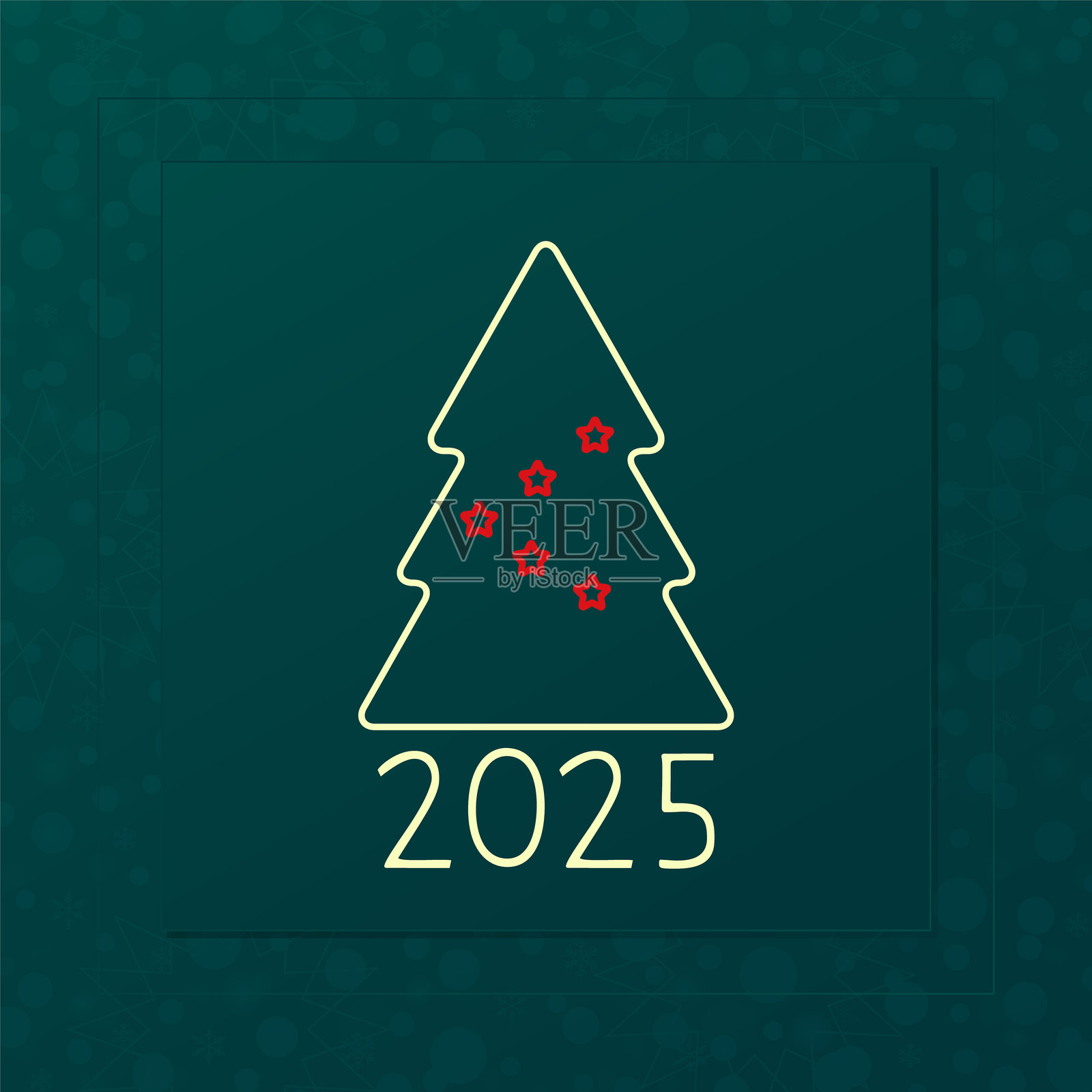 2025年新年快乐矢量贺卡。带有星星和雪花背景的圣诞树图标。用于庆祝、祝贺、装饰、冬季假期和网页设计的绿色、红色和黄色横幅。插画图片素材