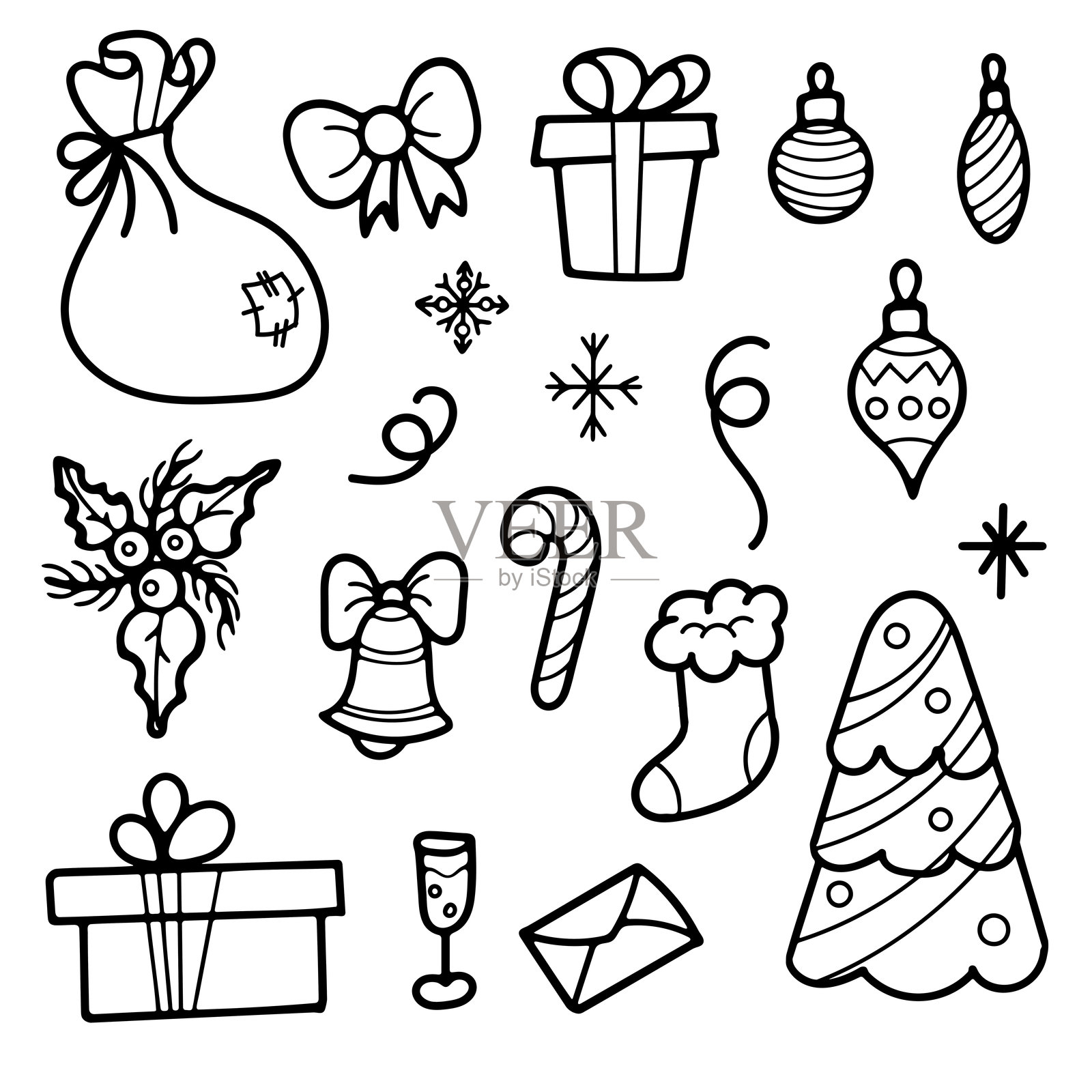 圣诞涂鸦元素套装。手绘收藏插画图片素材
