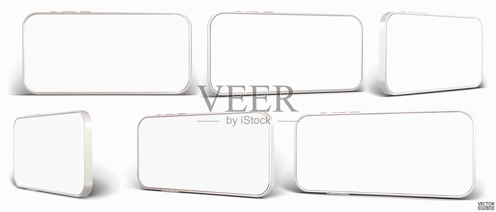 3D横向智能手机模型，带白色屏幕。银色手机孤立在白色背景上。横屏铝合金手机。3D矢量插图。插画图片素材