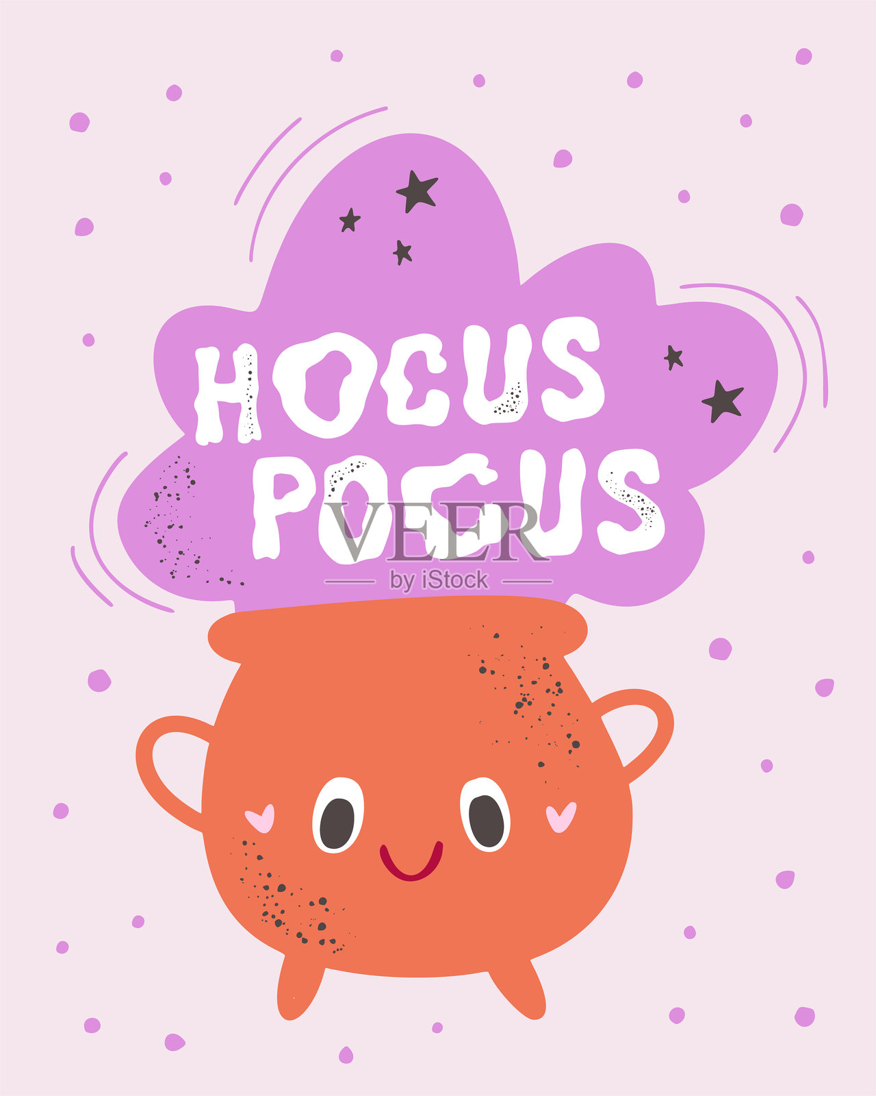 可爱的复古字母女孩海报。适合10月31日的问候卡。可爱的万圣节口号“魔法魔法”，配有漫画风格的锅图标。怀旧1960-1970年代。插画图片素材