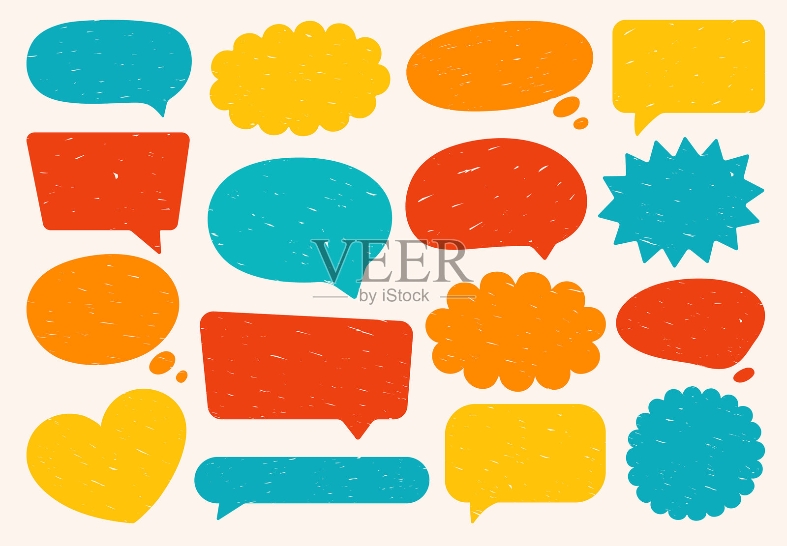 各种形状的对话气泡。蜡笔风格的交流框架。黄色、橙色、红色和青色。对话云，带有磨损纹理的聊天图标。手绘矢量文本框，适用于卡片。插画图片素材