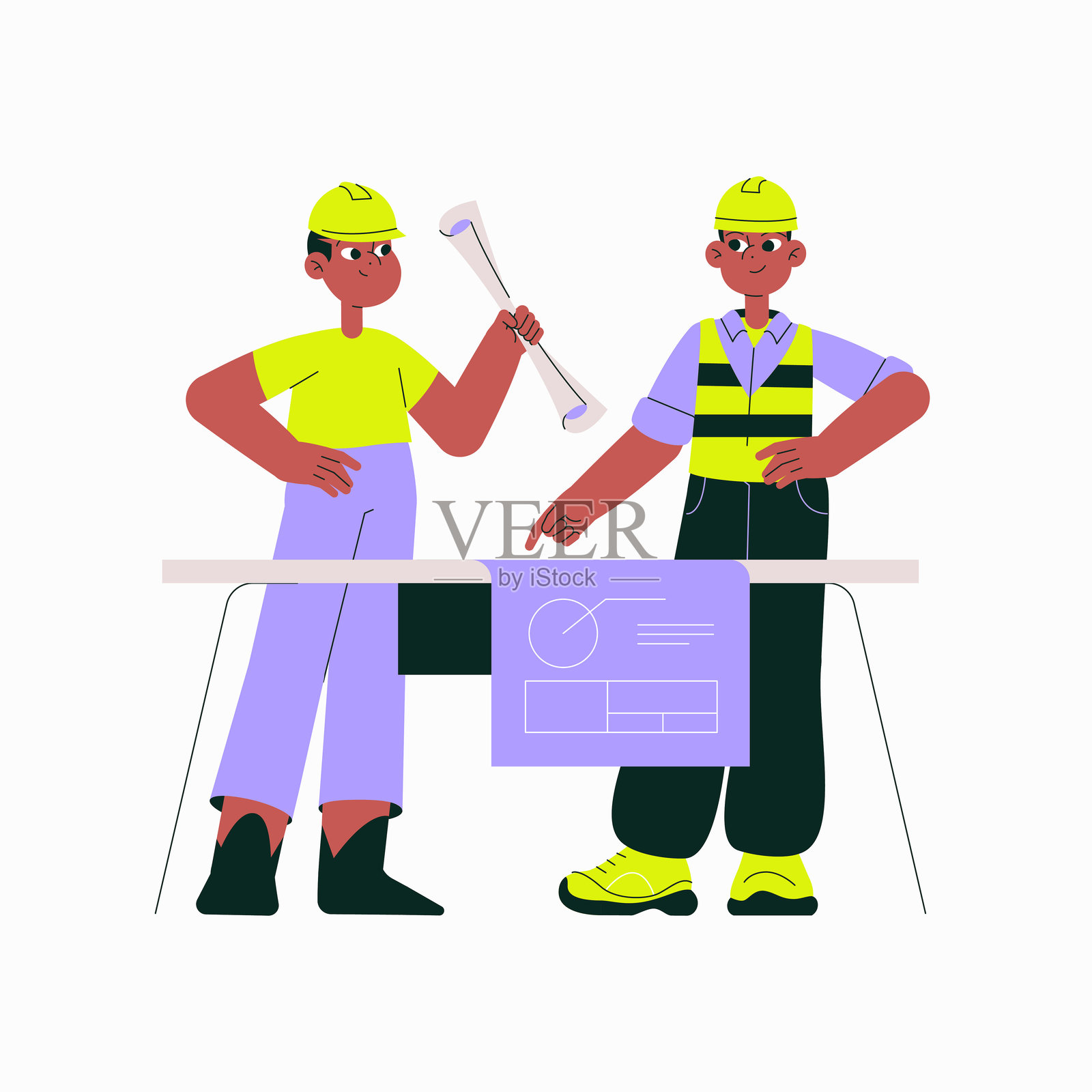 两名建筑工人手持蓝图和管道，讨论建筑计划，象征着团队合作、工程和城市发展，背景为白色。插画图片素材