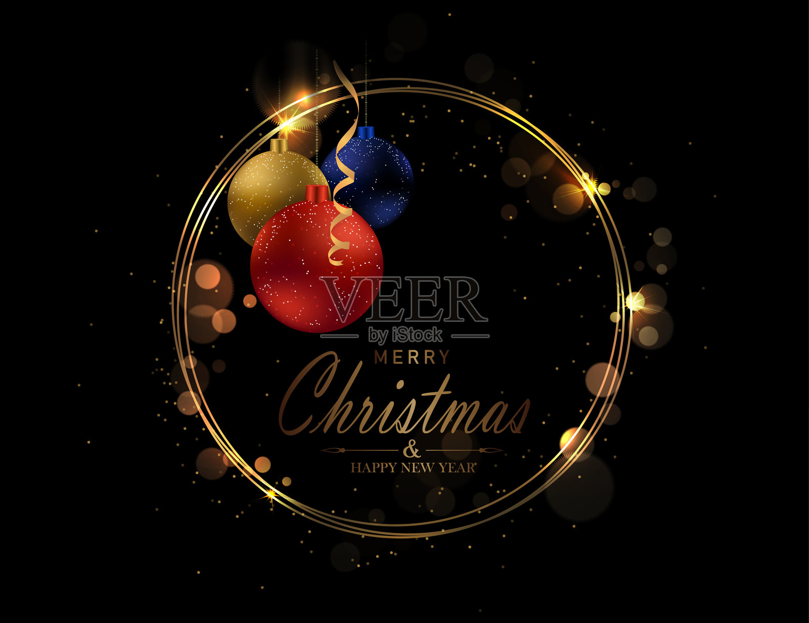 圣诞快乐：带新年玩具的金色圆形花环插画图片素材