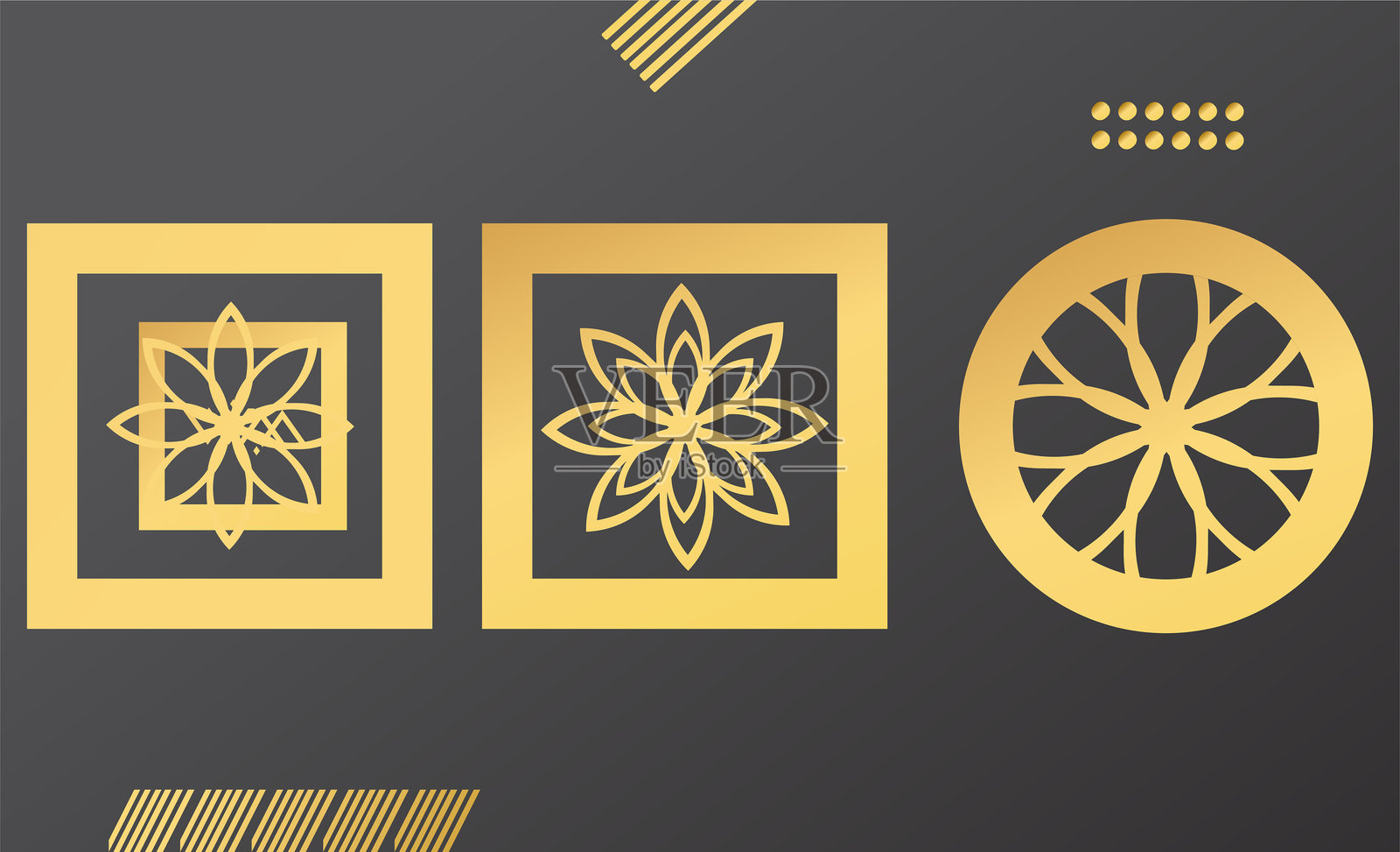 黑色背景上的金色形状和图标插画图片素材