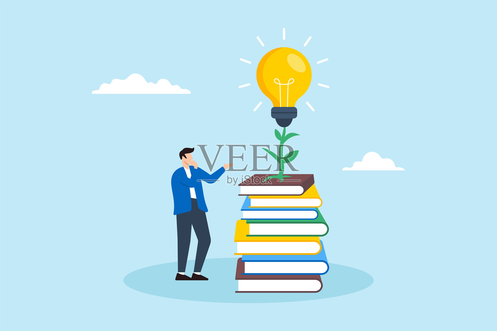 平面插图展示了一位聪明的年轻人，手边有书堆和灯泡植物，象征着知识和创造力带来的成功。插画图片素材