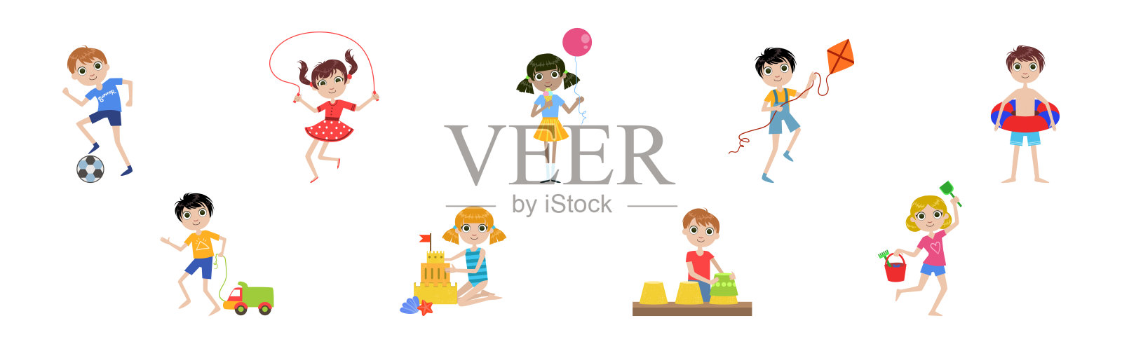 小女孩和小男孩角色参与不同夏季活动的矢量插图集插画图片素材