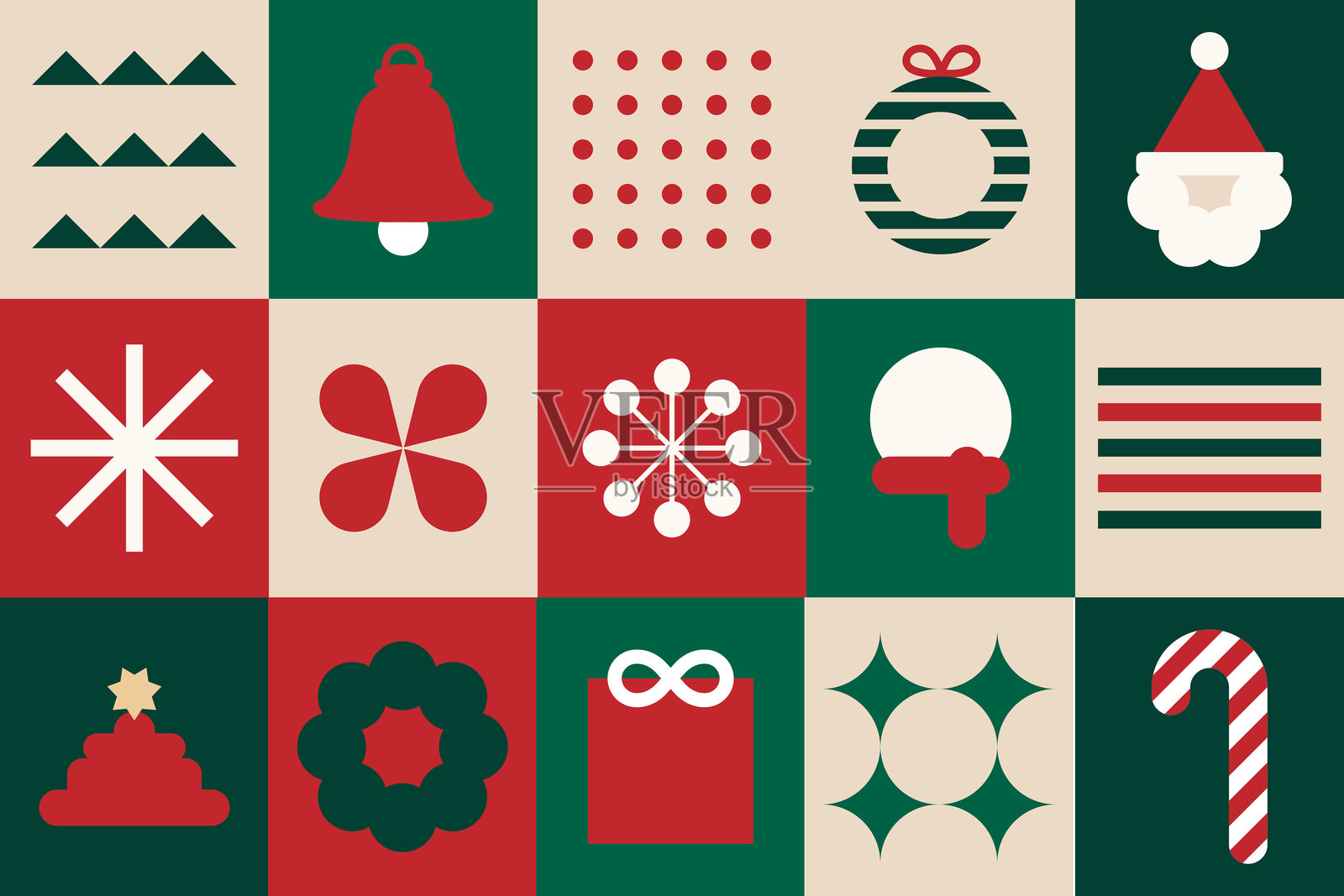复古风格的红色、绿色和米色圣诞图标矢量图。插画图片素材