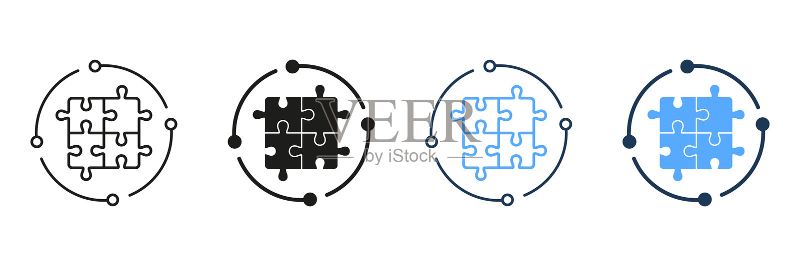 拼图、拼图解决方案线条和轮廓图标集。创意、挑战游戏、团队合作标志。可编辑的线条。孤立的矢量插图。插画图片素材