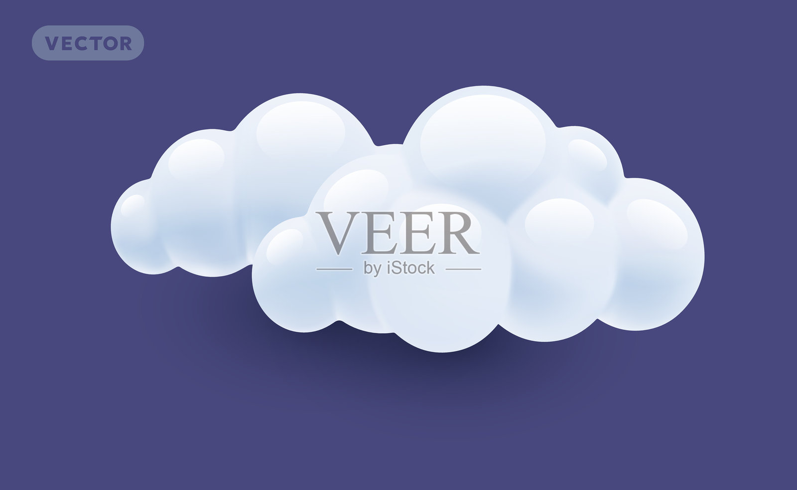 矢量天气插图，展示两朵阴影下的蓬松云朵，背景为深色。3D卡通风格的多云天气设计。插画图片素材