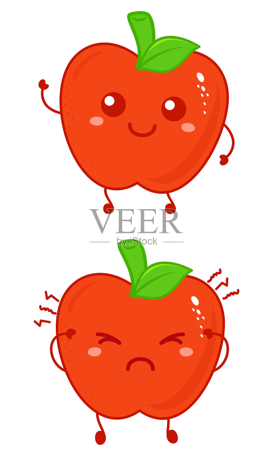 可爱又伤心的微笑快乐苹果水果。现代卡通角色插图图标设计插画图片素材