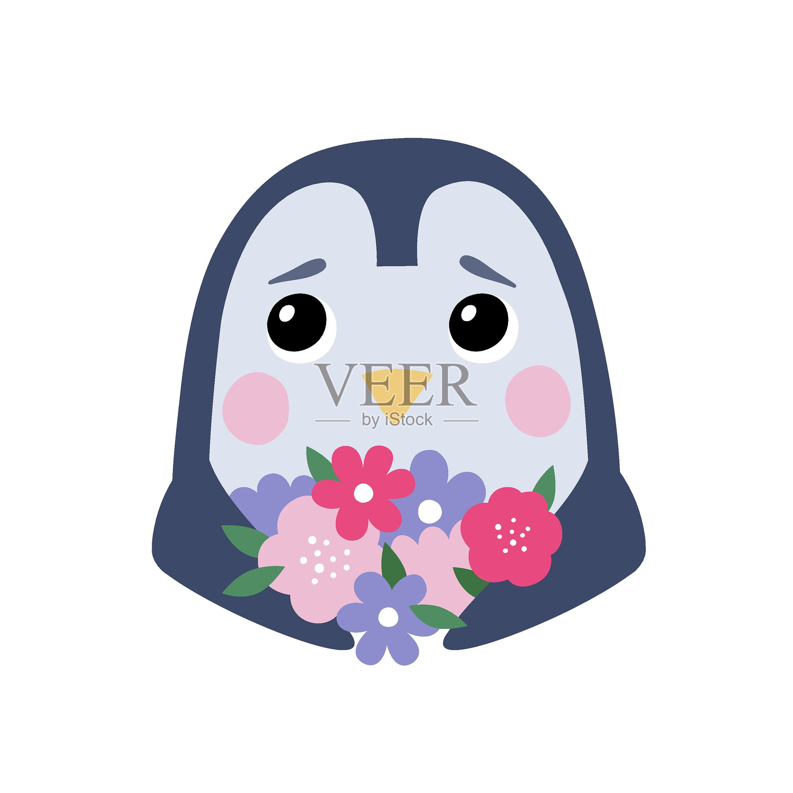 可爱的企鹅与花朵，适合儿童印刷、婴儿房装饰或书籍。扁平手绘风格的矢量角色插画图片素材