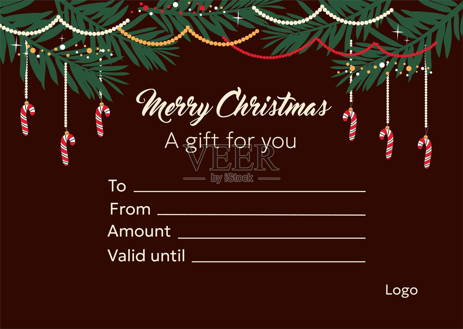 圣诞礼品券模板，配有手绘的松树花环。插画图片素材