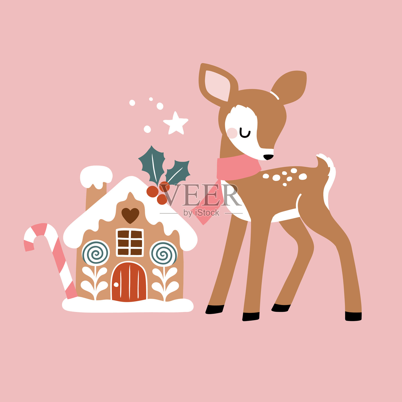 可爱的手绘矢量圣诞鹿与姜饼屋。非常适合T恤logo、贺卡、海报、邀请函或婴儿房印刷设计。EPS 10矢量文件。插画图片素材