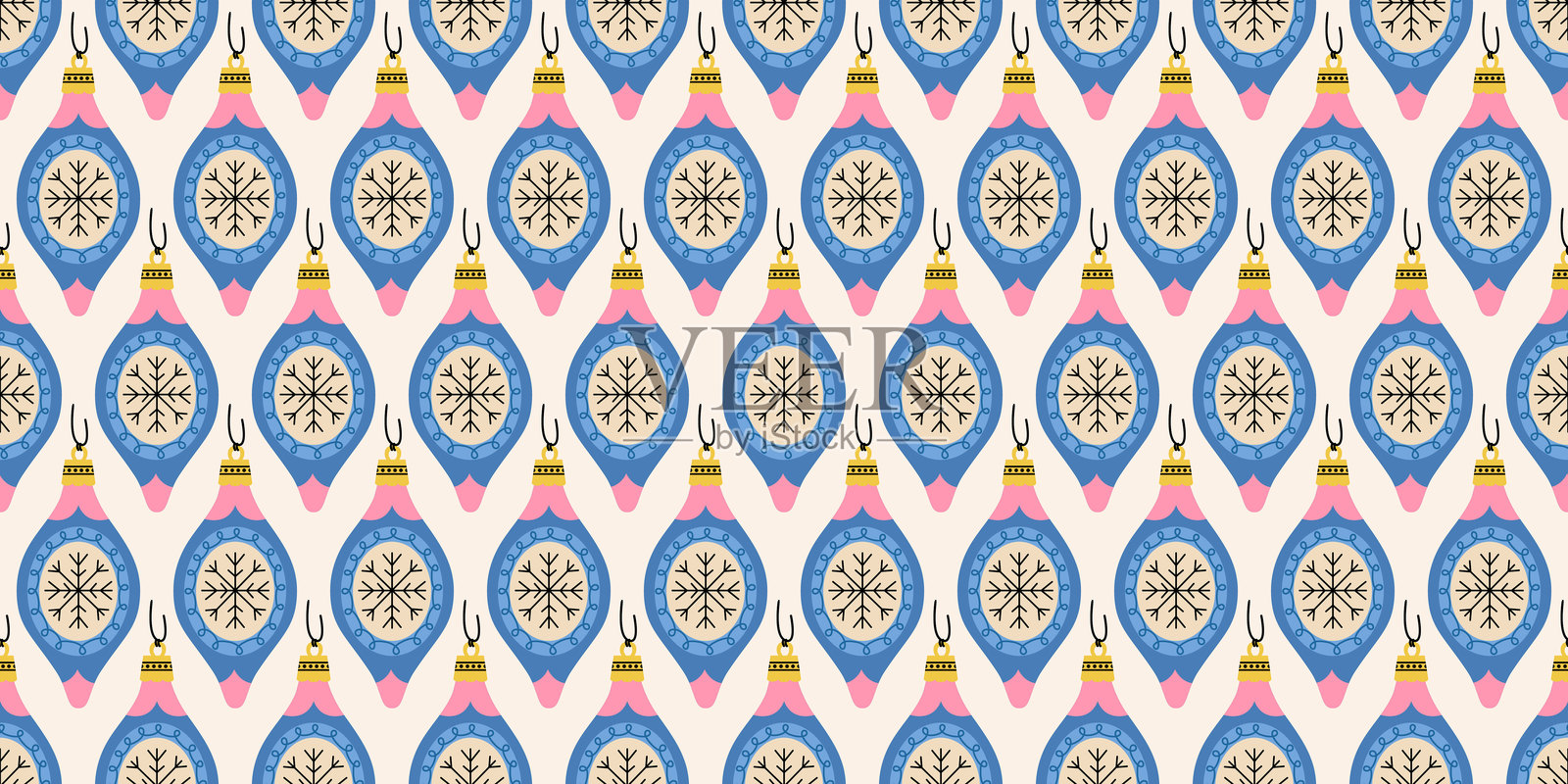 无缝图案，蓝色和粉色的圣诞装饰品与雪花。新年快乐。传统设计。冬季背景。圣诞节。复古印刷适用于面料、包装纸、布料或贺卡。插画图片素材