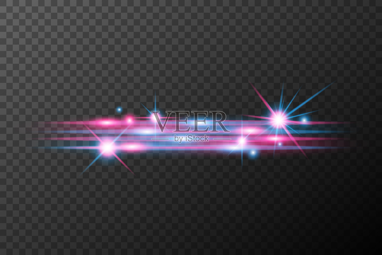 粉蓝色光效，孤立的耀斑爆炸，闪亮的尘埃线，太阳耀斑火花，星星霓虹灯，矢量效果插画图片素材