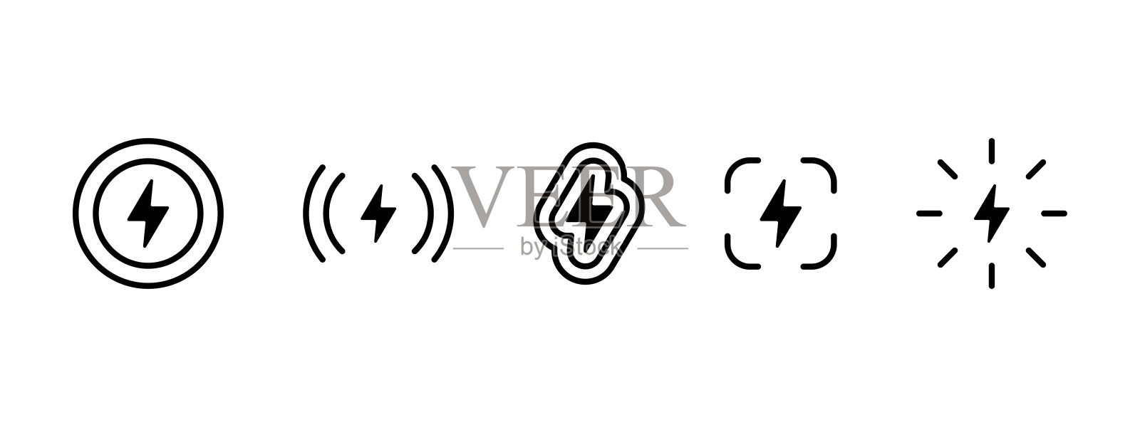 能源图标。电力灯光符号。电力矢量插图。快速充电标志。电池元素。闪电和雷电图标集。无线充电概念。插画图片素材