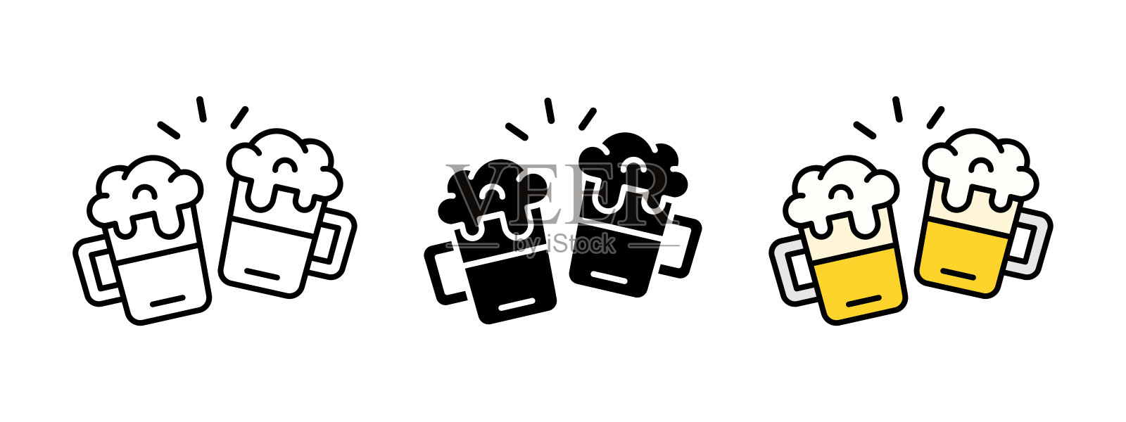 啤酒干杯图标。啤酒祝酒符号。啤酒杯碰撞矢量插图。酒精饮料杯相撞。十月节庆祝标志。拉格啤酒图标。带泡沫的酿酒饮品概念。插画图片素材