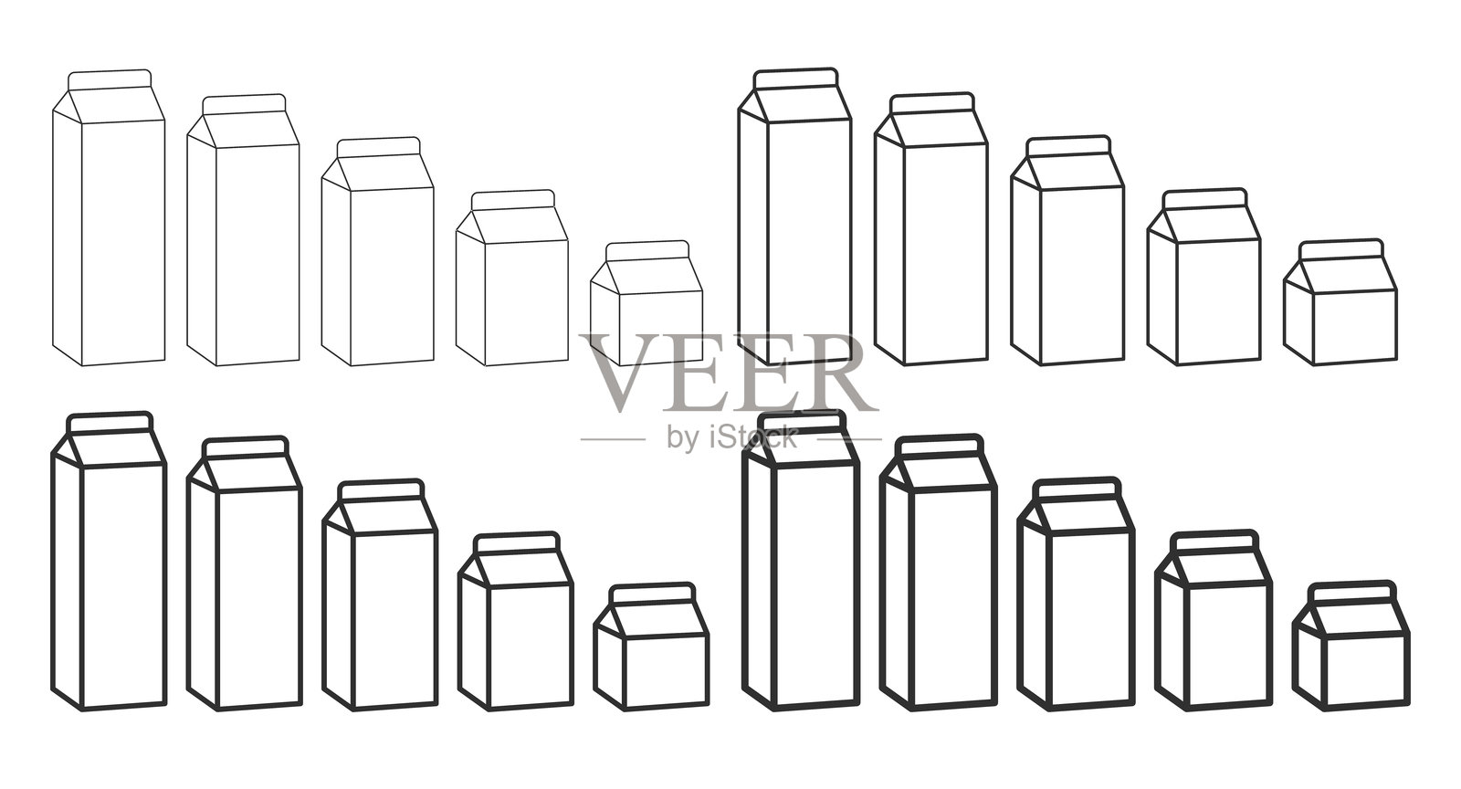 纸箱包装图标符号。液体包装，酸奶，牛奶，果汁。营养包装空标志，标识。矢量插图图像。白色背景上孤立。插画图片素材