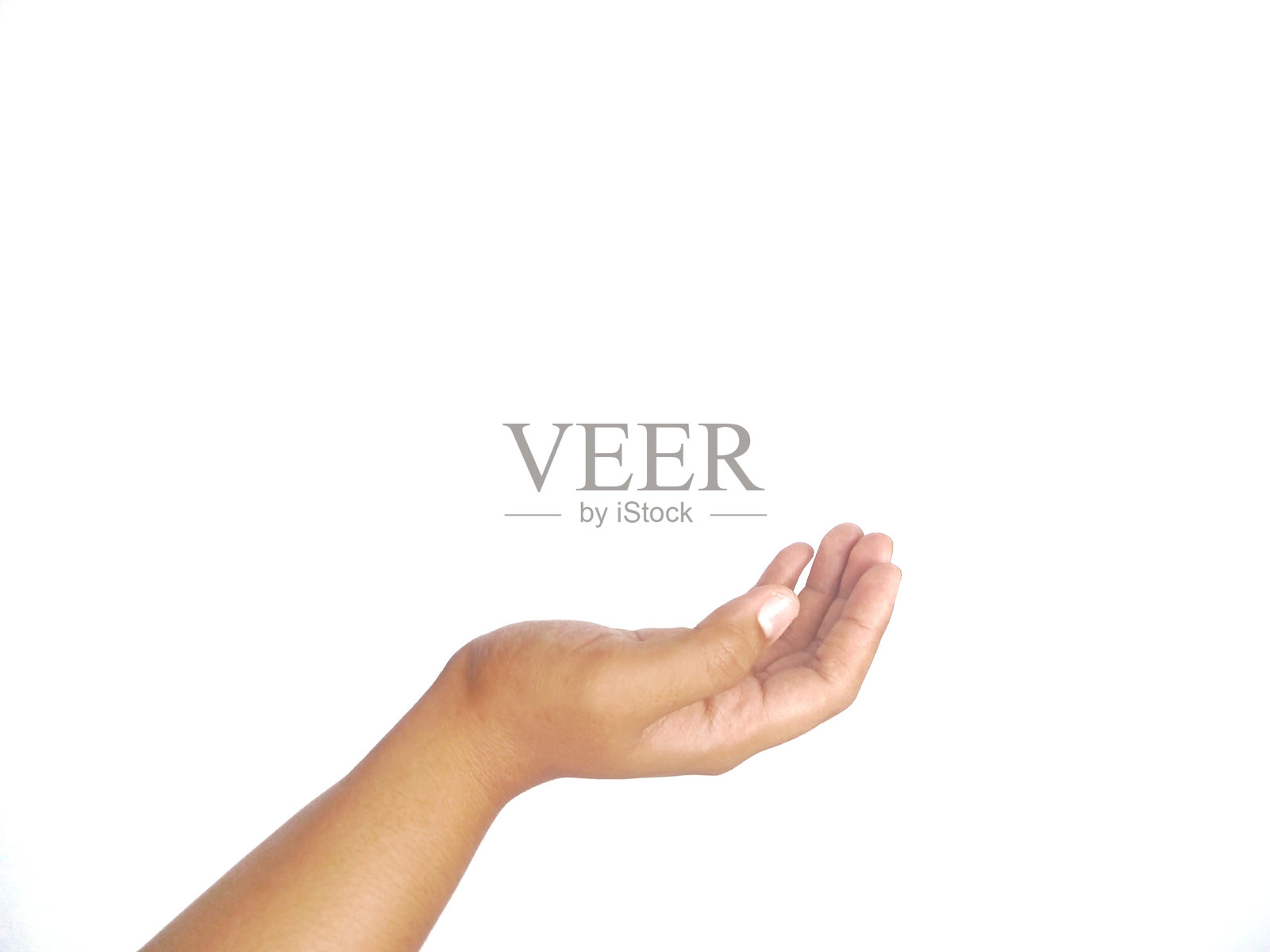 用开放手掌的询问手势，背景为纯白色，表示请求某事，指向空白区域。照片摄影图片