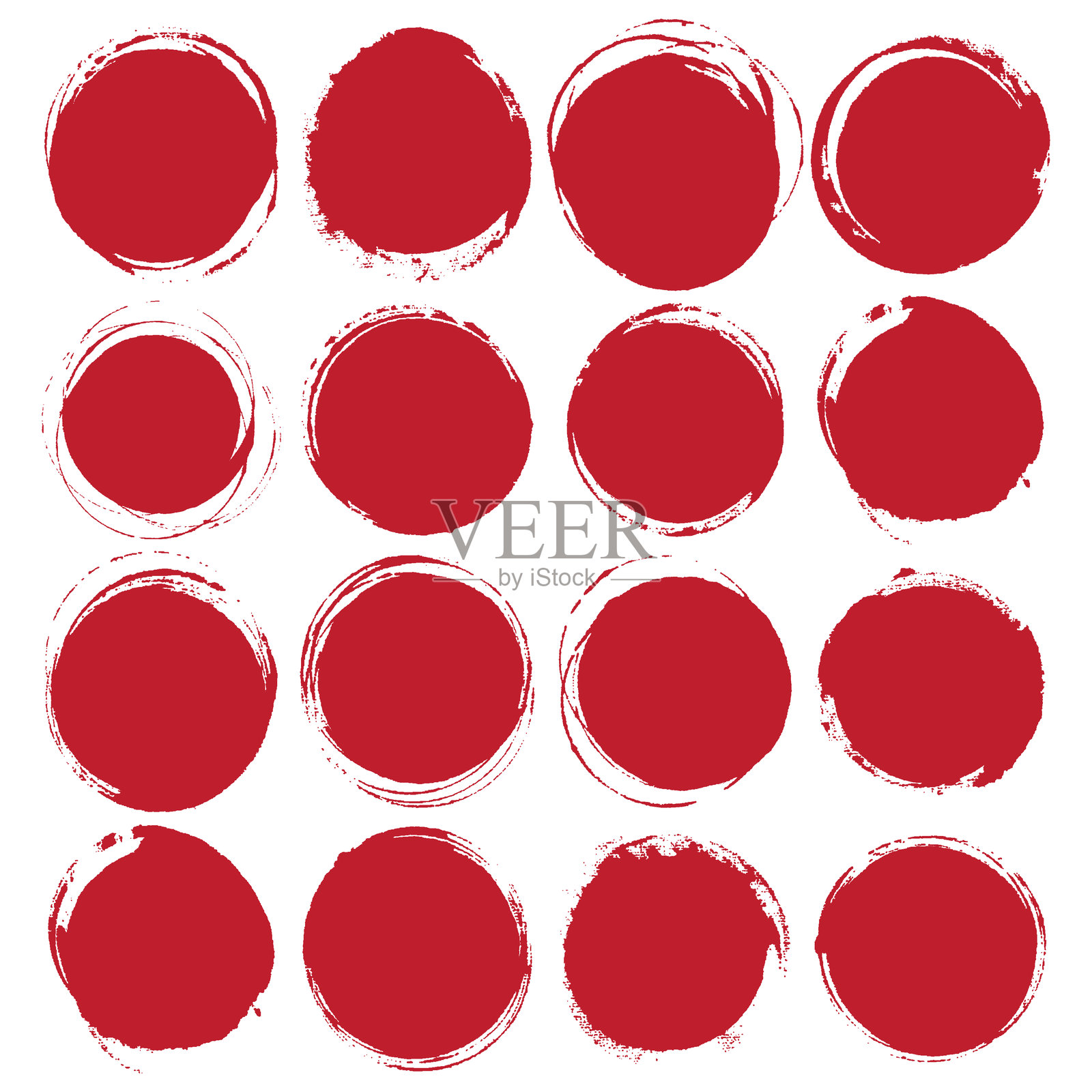 一组大红色的磨损圆圈，背景为白色。孤立。日本的风格化符号。矢量插图。插画图片素材