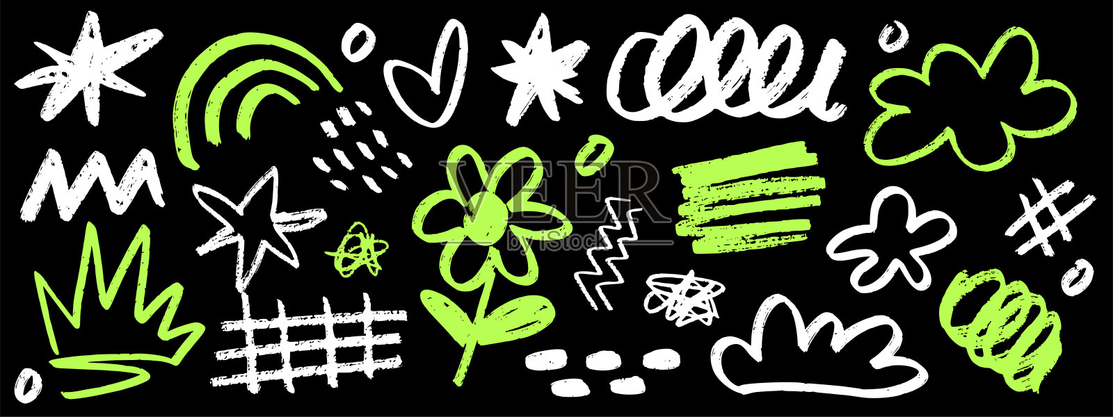 儿童色彩斑斓的铅笔涂鸦在黑色背景上。炭笔形状和拼贴元素包括王冠、星星、云朵、花朵、曲线和心形。手绘元素是独立的。插画图片素材