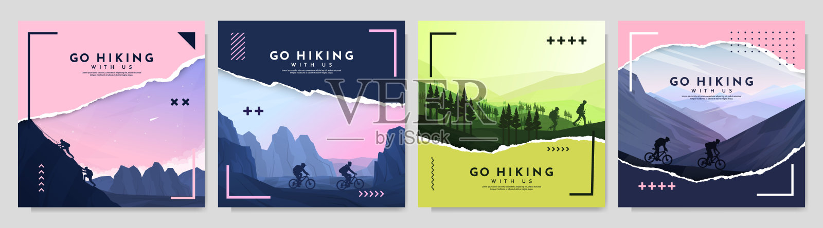 矢量插图。探索、发现和观察自然的旅行概念。情侣徒步旅行，探险旅游背景，带有撕裂纸张覆盖和孟菲斯风格的几何元素。插画图片素材